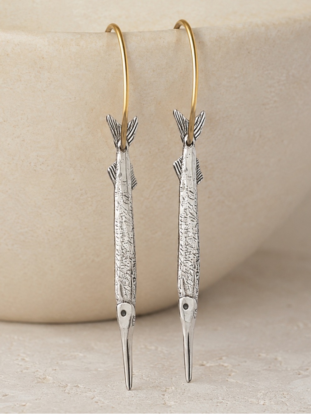 Fish Drop Earrings with Gold Hoop